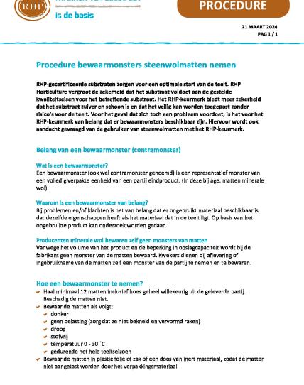 RHP procedure bewaarmonsters steenwolmatten nemen